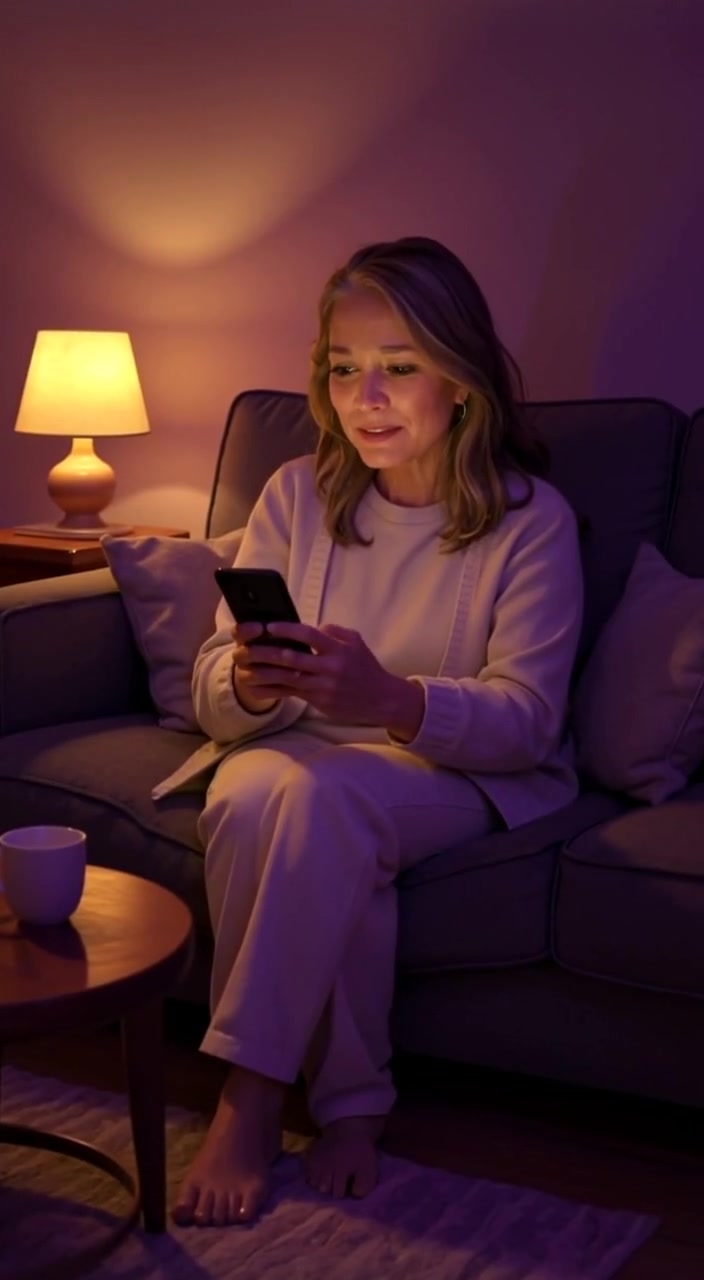 The woman gently scrolls through her mobile phone, soft lamp light flickering in the cozy living room.