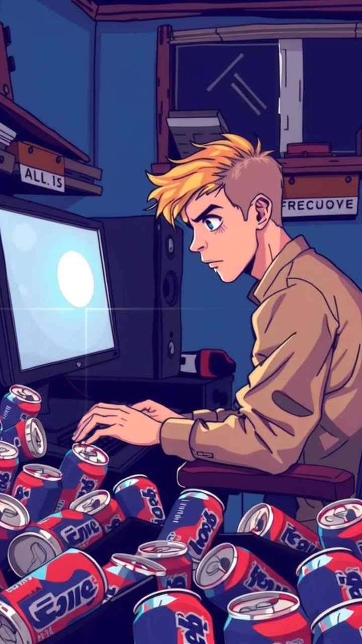 Scene: A dimly lit room cluttered with empty soda cans, where a focused individual sits at his computer, immersed in work. Style: Moody lighting with shadows creating a sense of intensity and concentration. Motion: The camera slowly pushes in on the individual, capturing the glow of the screen illuminating his face, as the ambient sounds of clicking and typing subtly enhance the atmosphere.