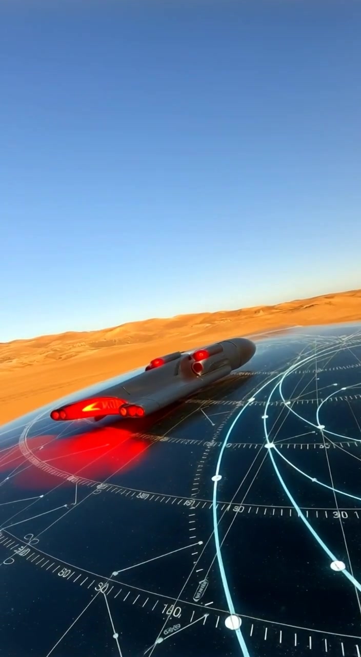 The sleek vehicle glides effortlessly over the dunes, leaving a trail of dust behind against the bright blue sky.