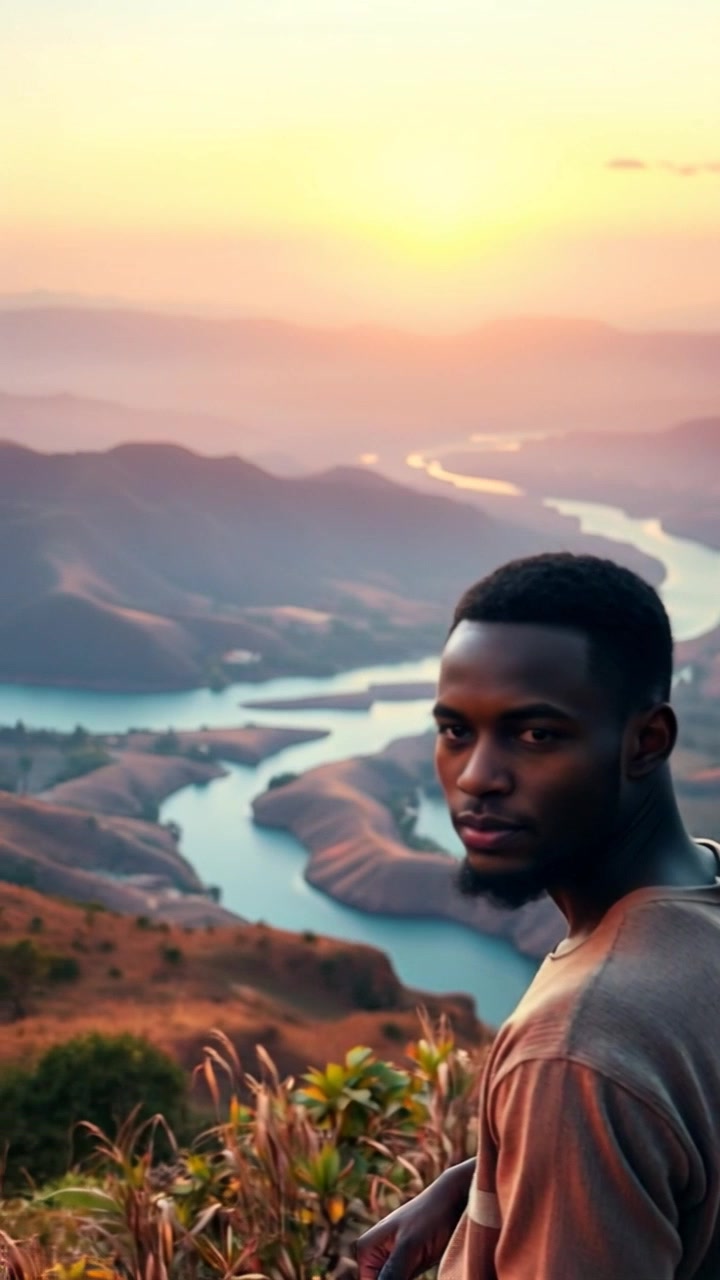 Scene: A panoramic view of Cameroon’s breathtaking landscape, showcasing rolling hills and a winding river, with artists engaged in their creative work on the hillside. Style: Bright, natural lighting emphasizes the vibrant green hues of the hills and the reflection off the river's surface. Motion: The camera slowly dolly in, capturing the artists' movements as they paint, seamlessly transitioning from the picturesque scenery to a closer look at their work.