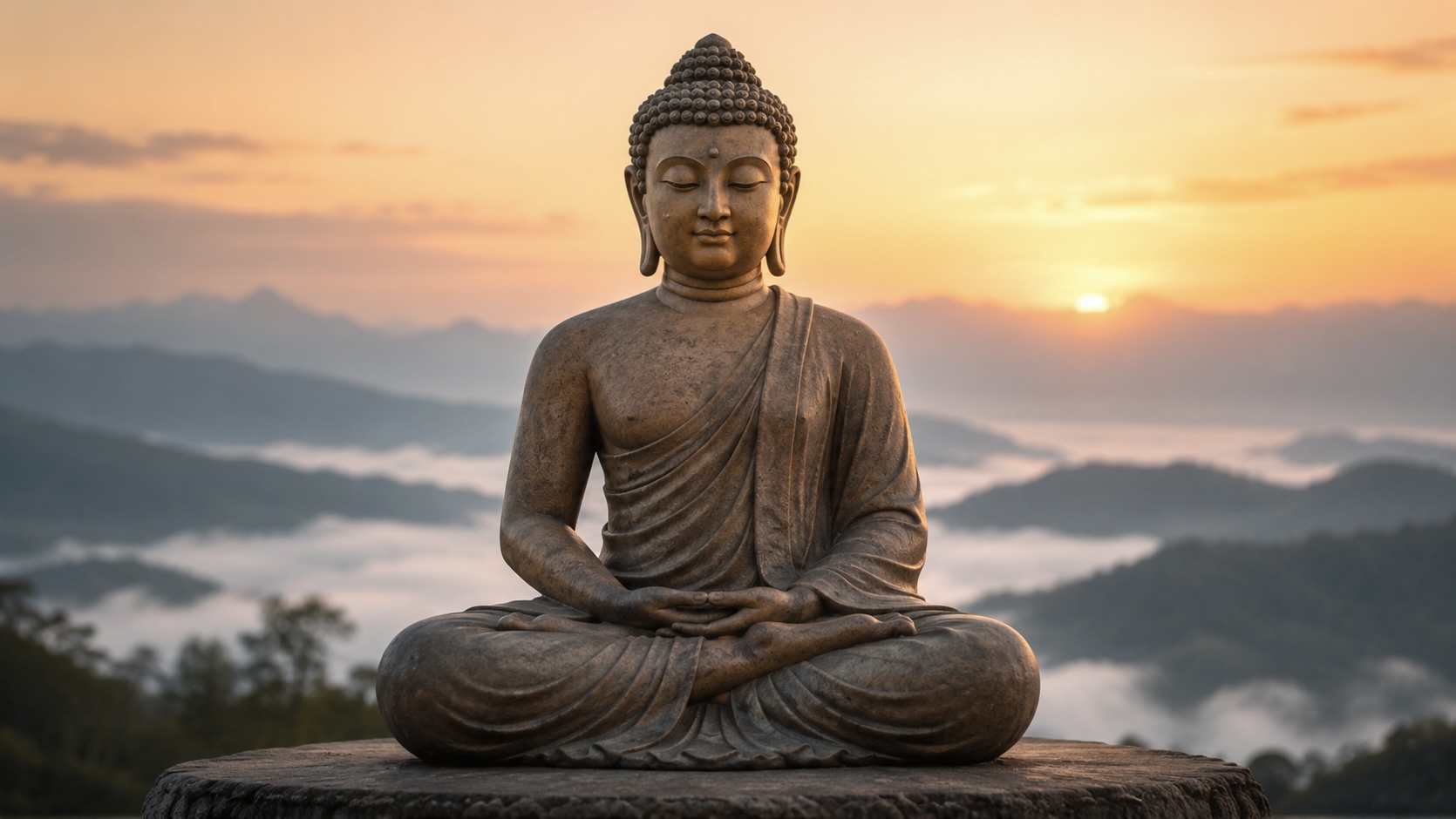 Buddha Meditating with Moving Clouds
