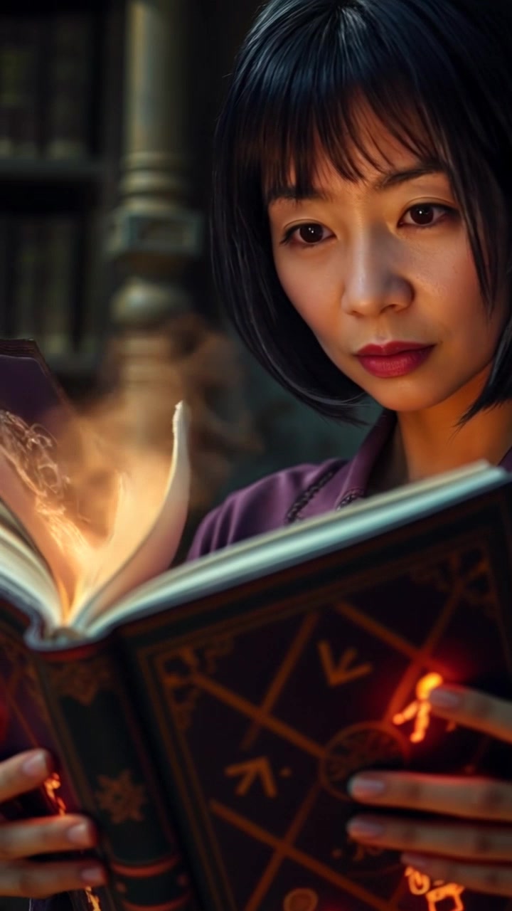 Subject: A woman holding an ancient book with glowing symbols, signifying her role as a memory keeper. Subject movement: She lifts the book slightly, revealing more symbols as it emits a soft, ethereal glow. Scene: A dimly lit library filled with towering shelves of old books, dust particles dancing in the ambient light. Style: Warm, inviting light enhances the mysterious atmosphere with soft shadows. Motion: The camera slowly zooms in on the book, capturing the intricate details of the glowing symbols, while the background fades softly.