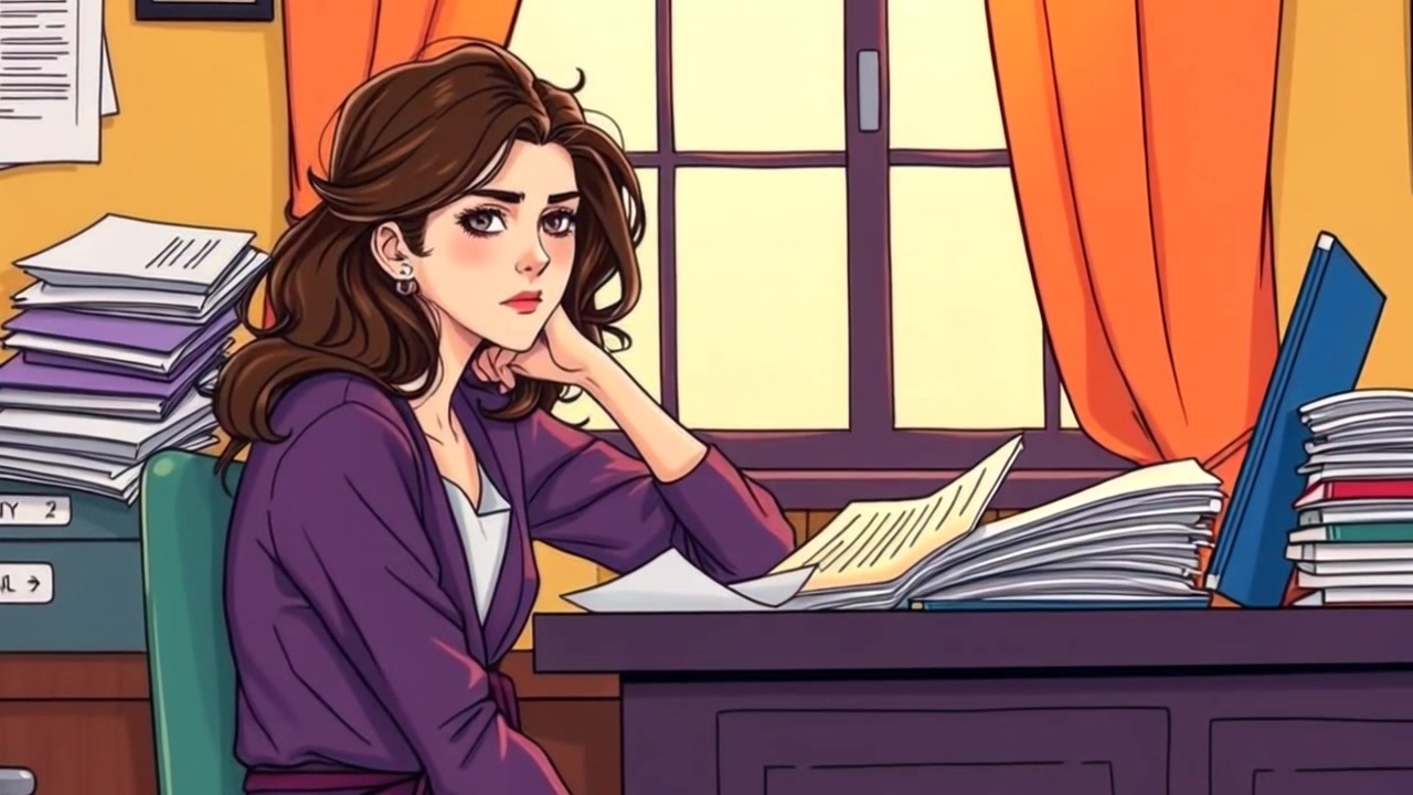 Scene: A weary parent sitting at a cluttered desk filled with papers, gazing out the window with a sense of disappointment. Style: Soft, ambient lighting filtering through the window, creating a serene yet somber atmosphere. Motion: Camera slowly zooms in on the parent’s expression, capturing the emotional weight of the moment as the focus sharpens on the distant view outside.