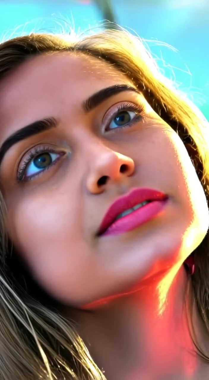 The woman gazes dreamily towards the sky as her eyes shimmer in the sunlight.