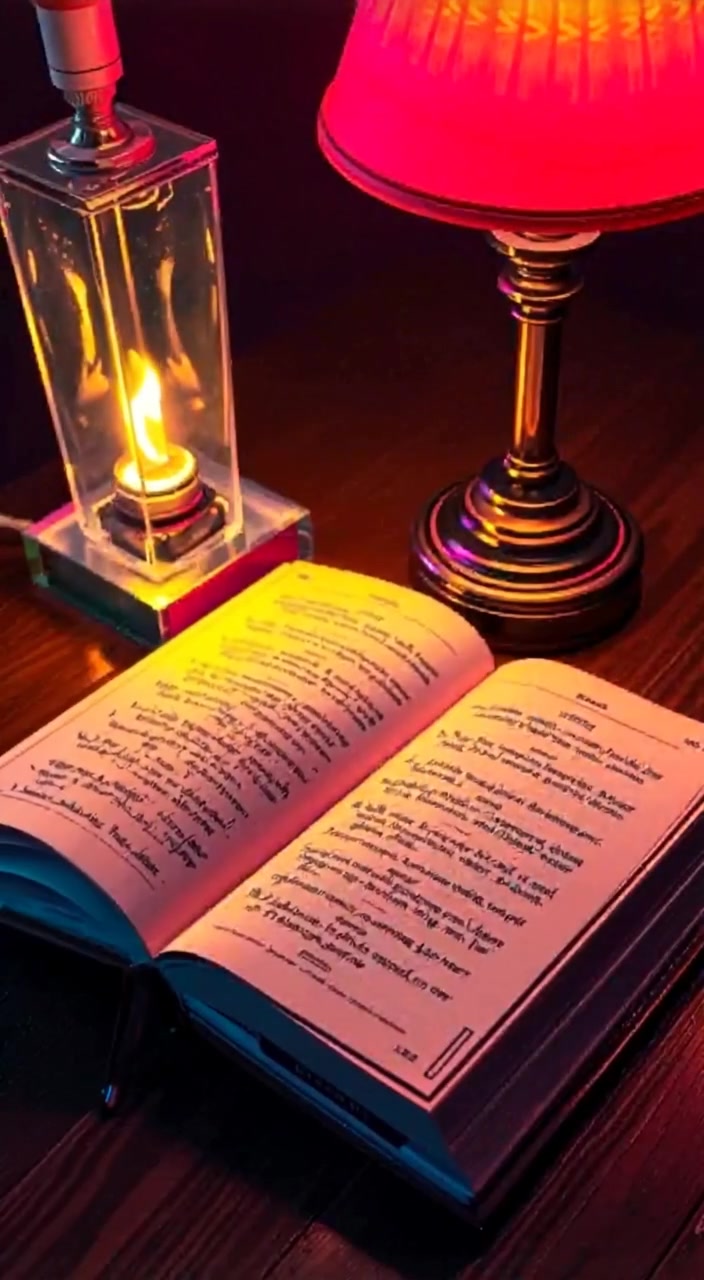 A gentle breeze turns the pages of an open book on a wooden table, illuminated by a cozy lamp.