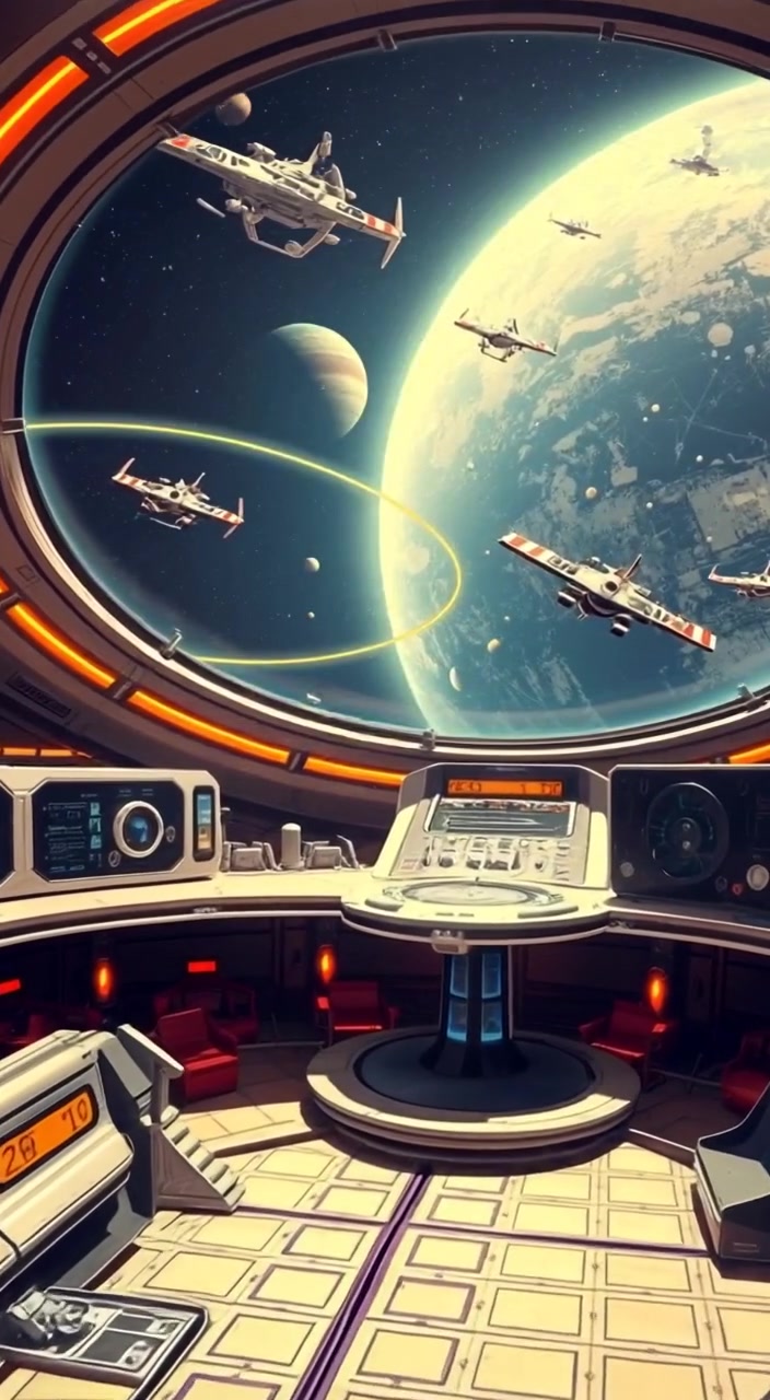 Spacecrafts gracefully glide past a futuristic space station with large observation windows, planets shining in the background.