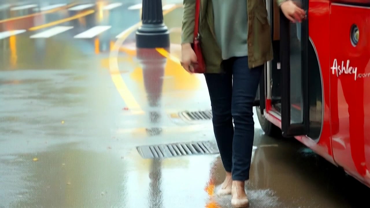 Subject: A woman stepping onto a bus, visibly relieved. Subject movement: She takes a confident step inside as rainwater splashes off her shoes, droplets forming arcs in the air. Scene: An urban bus stop in the rain, surrounded by slick pavement and glistening wet streets. Style: Overcast, moody light highlighting the reflections on the ground. Motion: Camera follows her movement with a smooth tracking shot, capturing the splashes as she enters the bus, transitioning from the dreary outside to the warm interior.