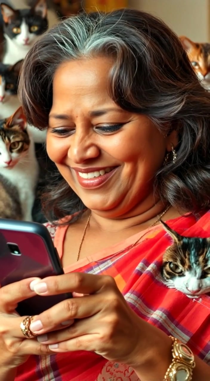 The woman smiles gently while scrolling through her smartphone, illuminated by soft light.