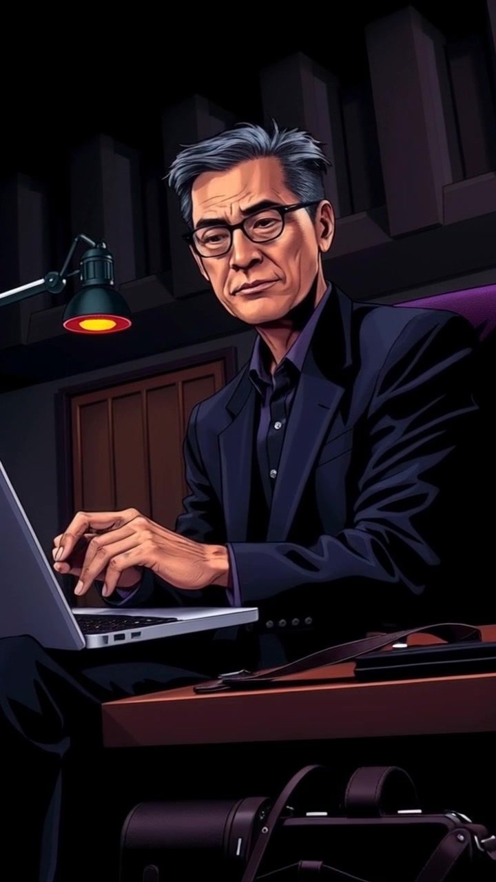 Subject (Dark business casual suit, Sitting at a desk with a laptop open, Camera bag beside), Subject remains still, Scene (Modern office setting, Desk cluttered with papers and notebooks), Camera slowly pushes in on the subject, Soft ambient lighting, Serious atmosphere