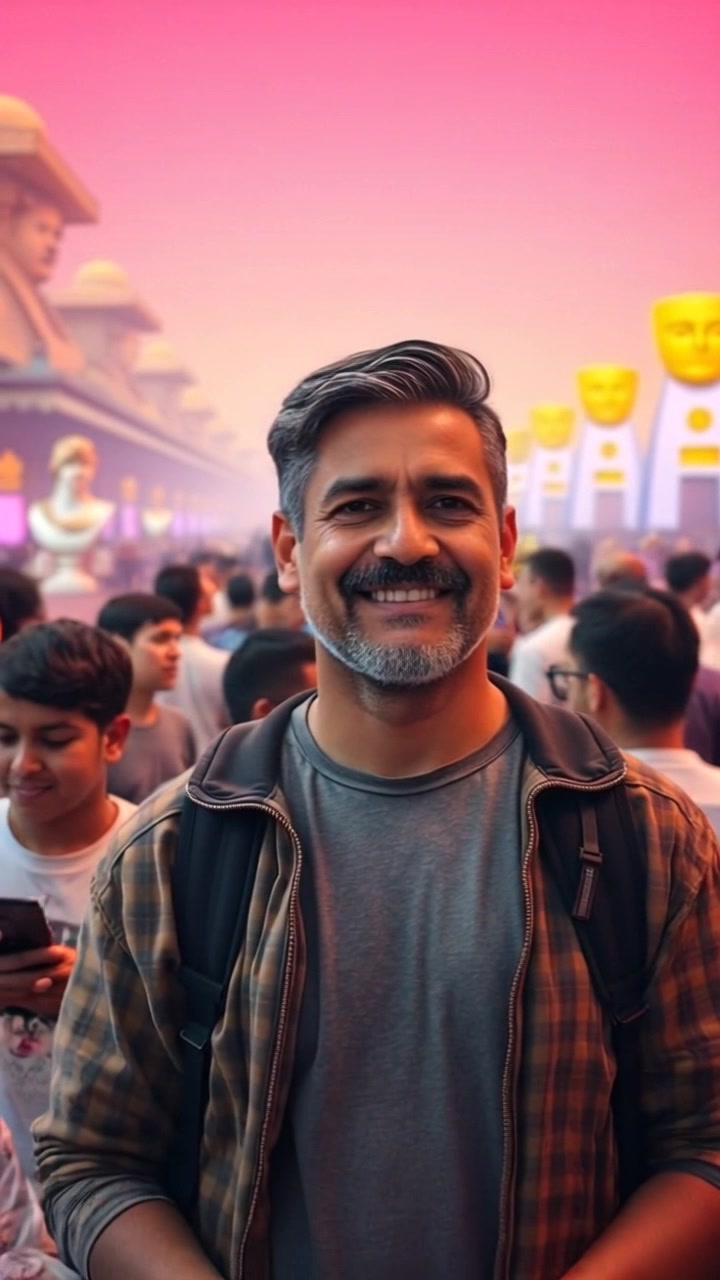 Naitik stands in front of a large crowd, greeting everyone with a smile. Push in on Naitik to capture the warmth in his eyes as he interacts with the crowd. Soft ambient light enhances the welcoming atmosphere.