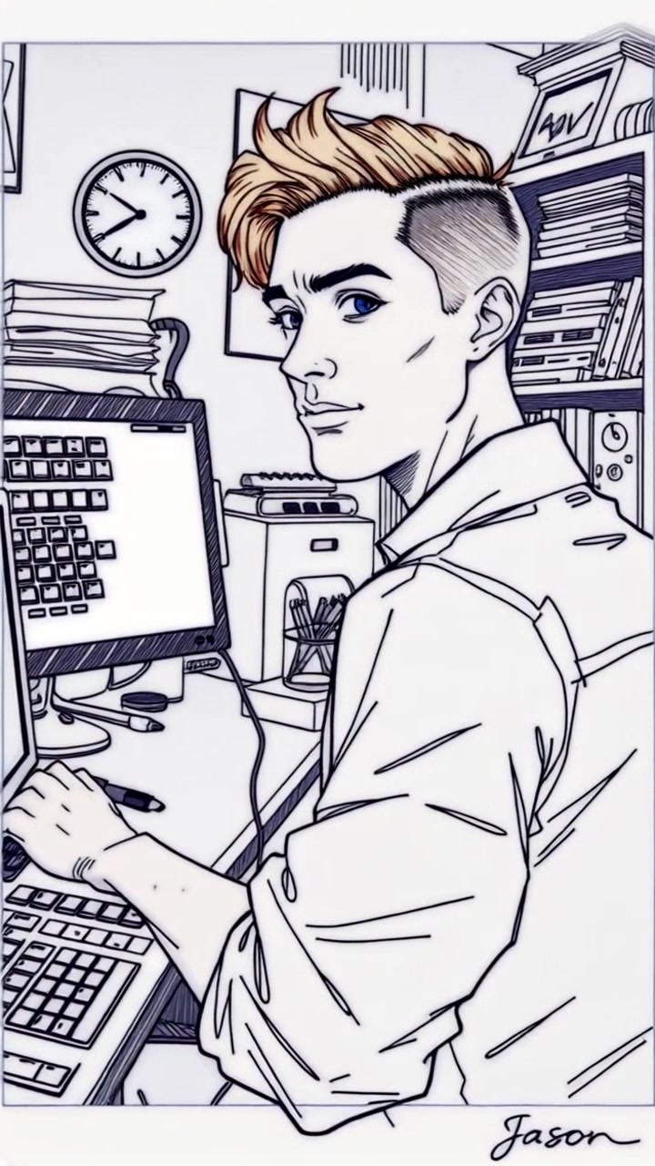 Subject (Messy desk, intense focus on computer screens) + Subject movement (Still) + Scene (Cramped apartment setting) + Camera Language (Slow zoom in on Jason) + Lighting (Dim artificial light from screens) + Atmosphere (Stressful and chaotic)