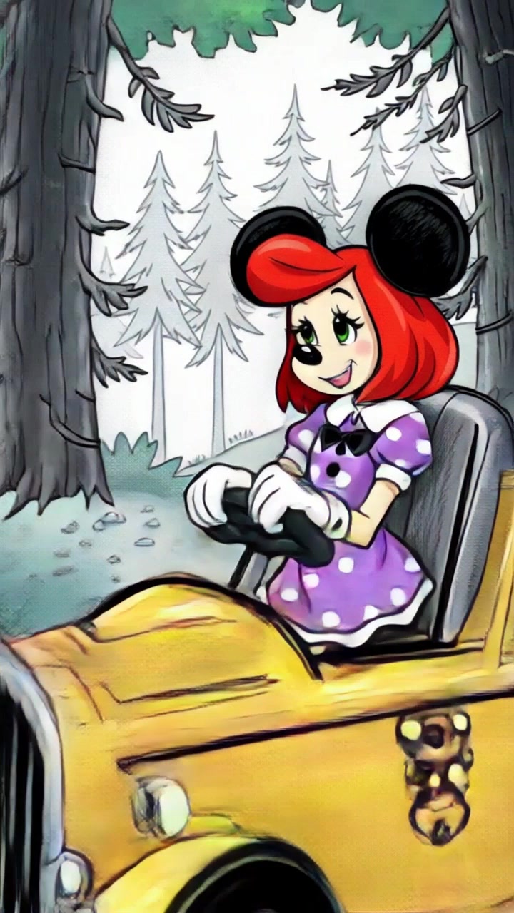 Ms. Frizzle, with her curly red hair and eccentric outfit, excitedly drives the colorful Magic School Bus through a vibrant forest. The camera follows in a smooth tracking shot, capturing the excitement and wonder of the magical journey. Vibrant colors and dappled sunlight create an enchanting atmosphere.