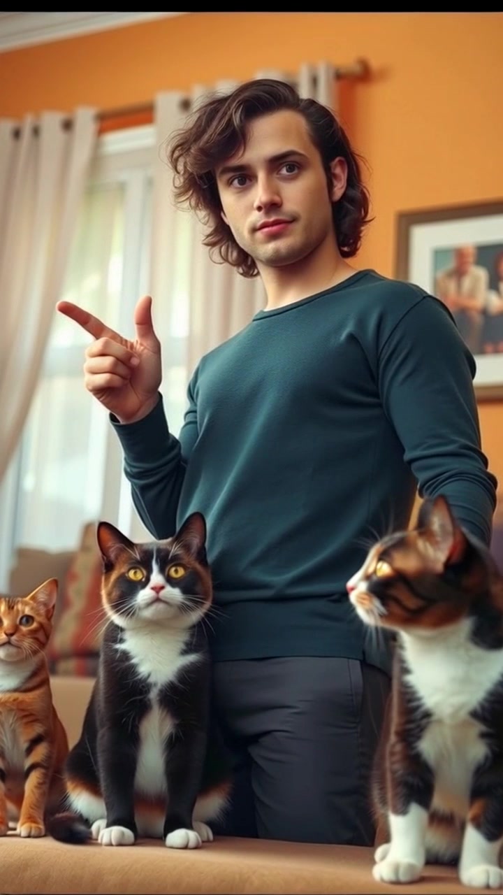 Subject (Larry with Pickles) + Subject movement (Larry pointing, Pickles listening) + Scene (Living room setting) + Camera Language (Slow zoom in on Larry and Pickles) + Lighting (Soft ambient light) + Atmosphere (Warm and cozy)