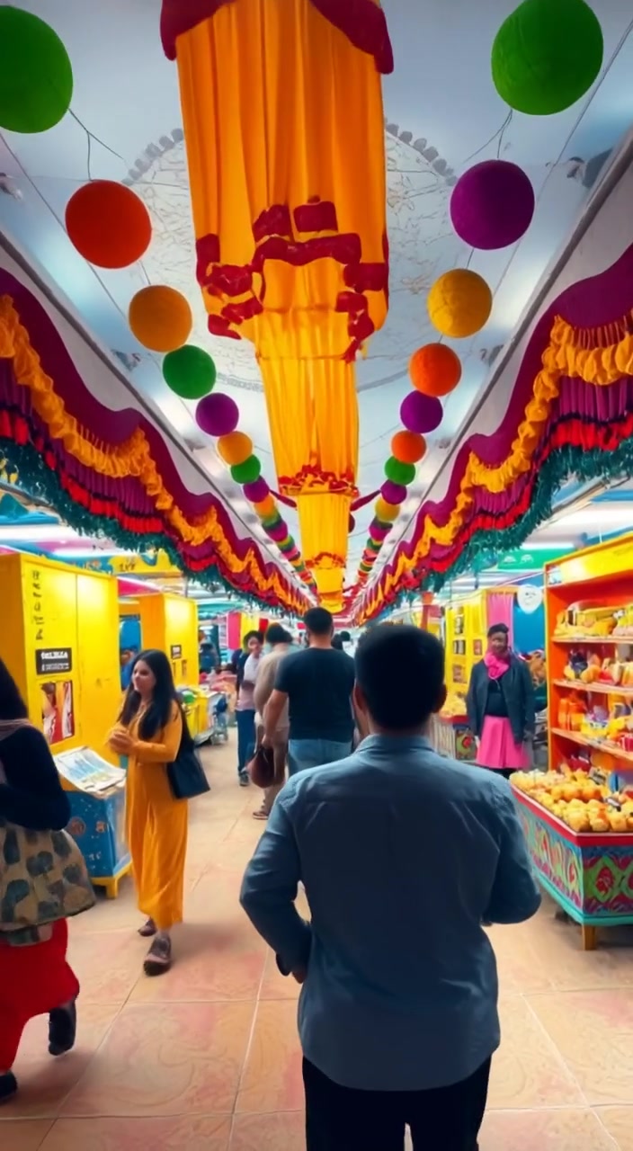 The vibrant stalls sway gently in the breeze as colorful decorations flutter during the joyous Baisakhi festival celebration.