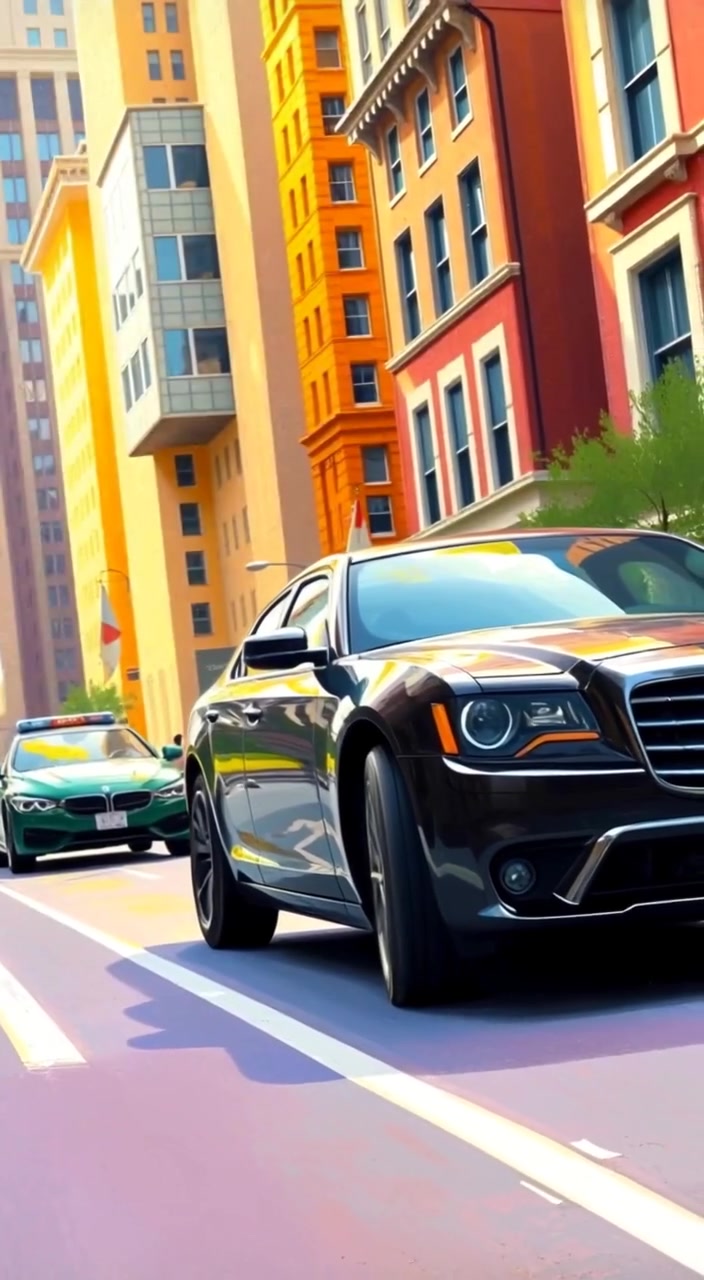 A shiny black car glides smoothly down a bustling city street, surrounded by towering buildings in the background.