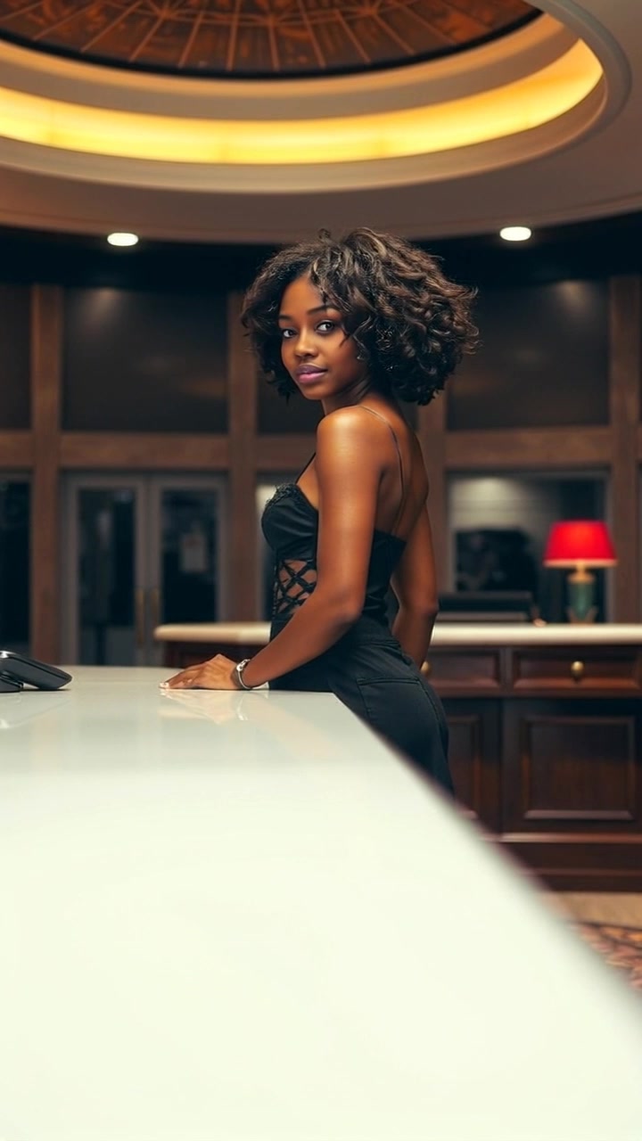 You stands behind a reception desk in an empty hotel lobby.