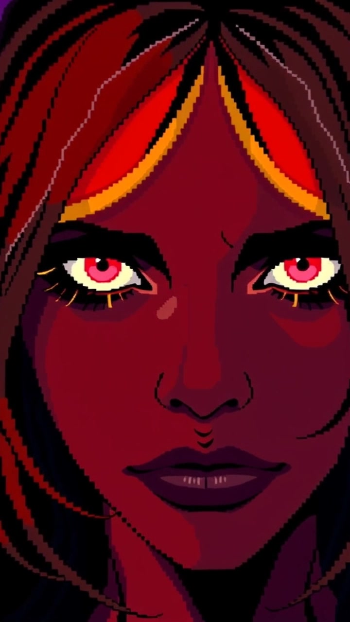 Scene: Close-up of glowing eyes piercing through the darkness, intensely focused on Esi. Style: Dramatic lighting that emphasizes the glow of the eyes amidst the surrounding gloom, creating a tense atmosphere. Motion: Camera slowly zooms in on the eyes, heightening the sense of suspense as the darkness swirls around them.