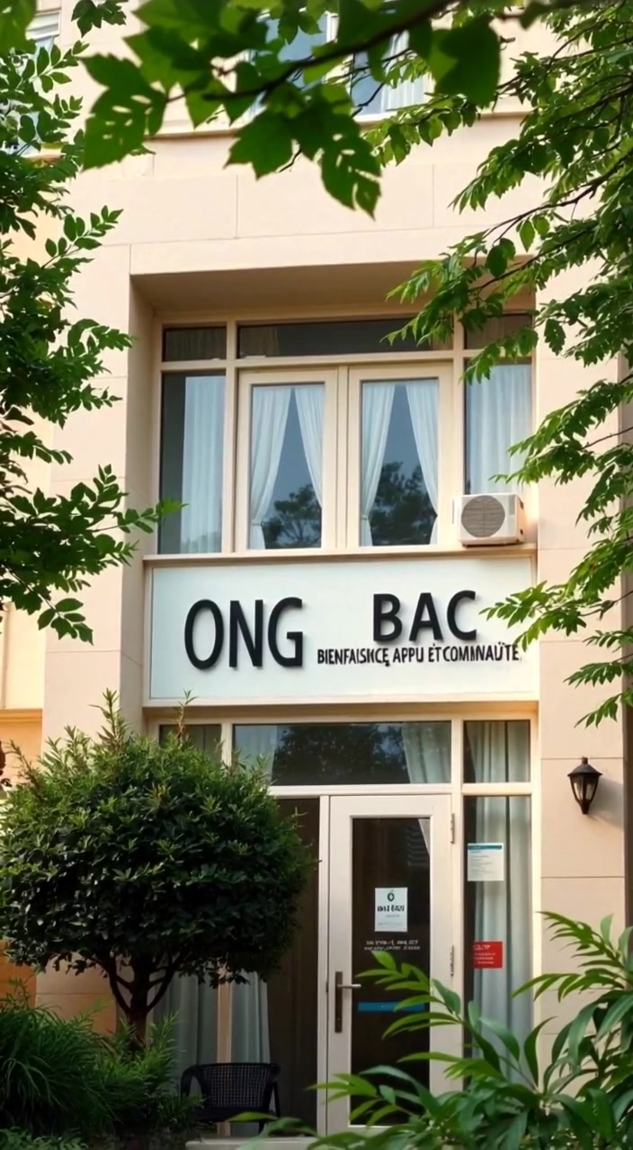 Leaves gently rustle in the breeze around the modern ONG BAC building, showcasing its sleek structure and vibrant surroundings.