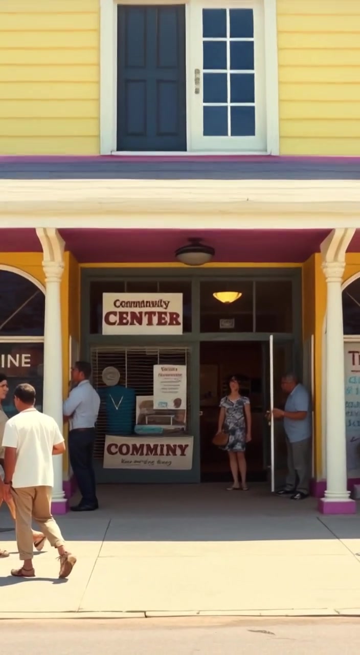 Groups of people gather outside the community center, animatedly discussing and participating in various engaging activities.