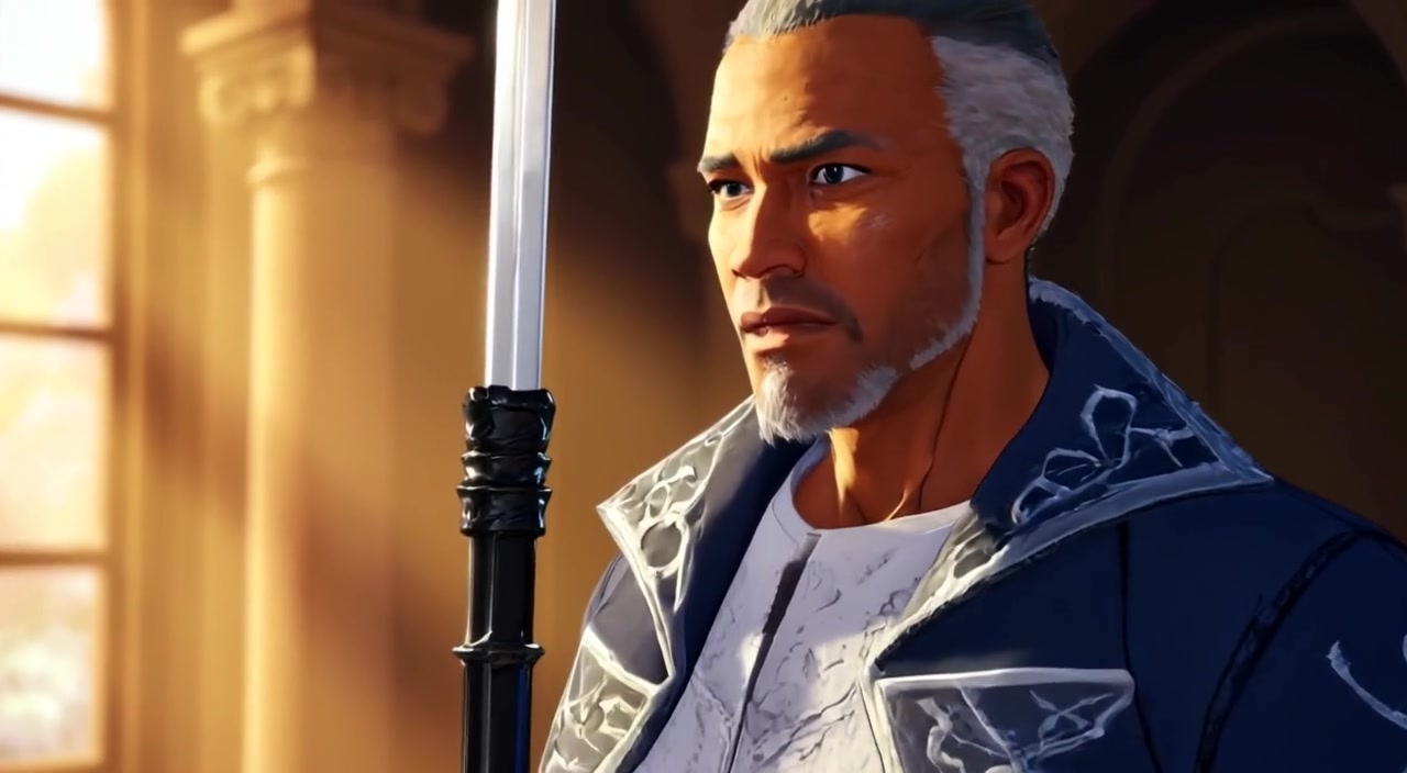 A determined man gazes intently out of a window, the sword resting gently beside him, light flickering off the blade.
