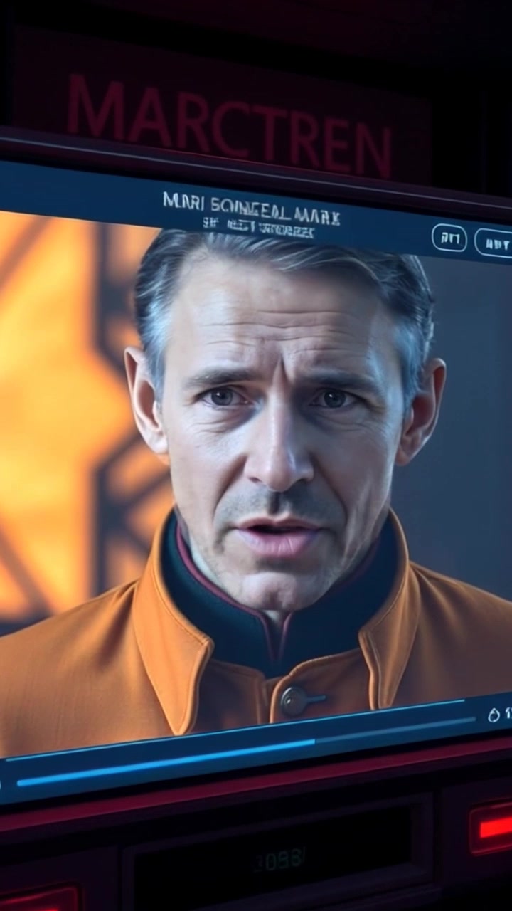 Scene: A high-tech communication screen showcasing a Martian Commander with a stern expression, surrounded by an increased tension feeling of an intergalactic crisis. Style: Moody, dim lighting with digital glows that reflect the Commander’s serious demeanor. Motion: The camera gently zooms in on the Commander’s face, focusing on the intensity of their expression as they deliver an urgent message.