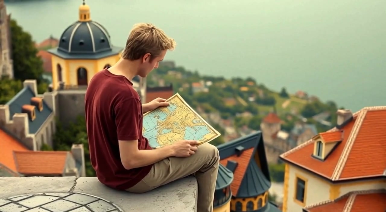 The man studies the map intently, a gentle breeze rustling nearby leaves.