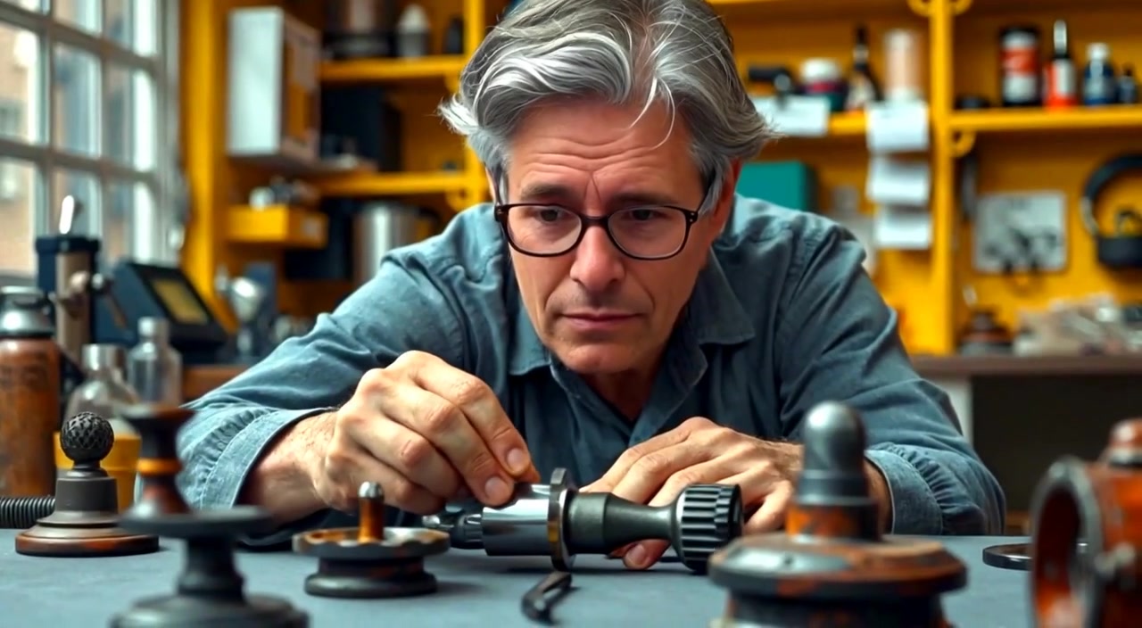 The man's hands expertly shape metal on the lab bench while tools glint in the soft overhead light.