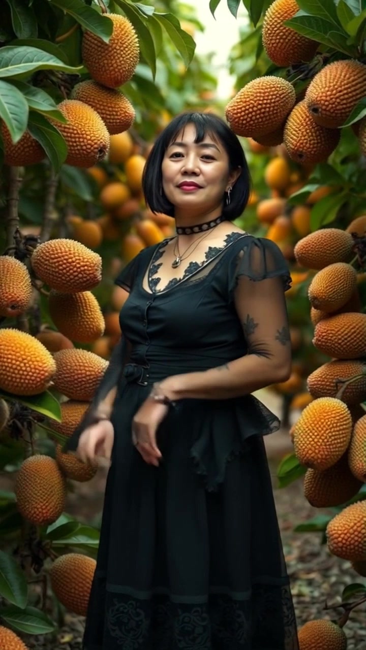 Subject: Melati, standing confidently in her durian orchard, surrounded by lush trees. Subject movement: She gestures gracefully, emphasizing her connection to the surroundings. Scene: A vibrant durian orchard filled with green leaves and ripe fruits waiting to be harvested. Style: Bright, natural light filtering through the canopy, creating a lively and inviting atmosphere. Motion: Camera slowly pushes in on Melati to capture her expressions as she interacts with the trees, the angles shifting to reveal the flourishing orchard.