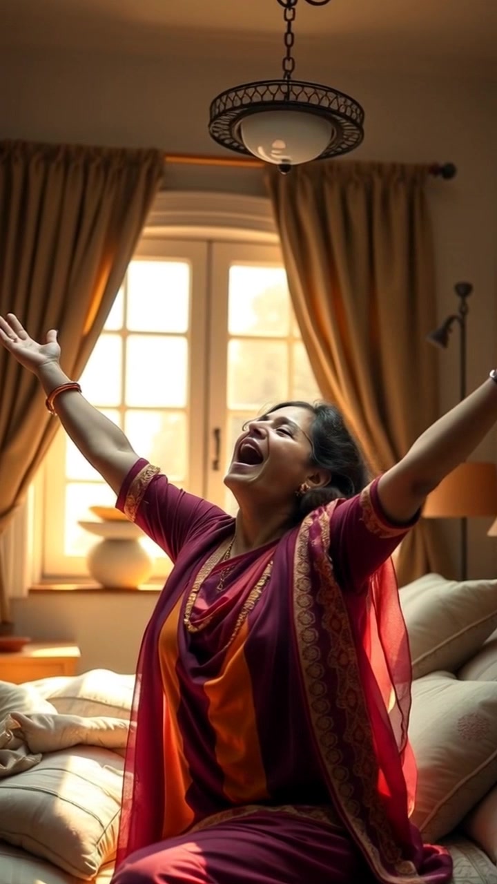 Subject: A woman stretching and yawning. Subject movement: She rises slowly from her bed, arms extending wide with a relaxed grace, embodying the transition from sleep to wakefulness. Scene: A sunlit bedroom with soft, warm light filtering through sheer curtains, highlighting cozy bedding and a serene atmosphere. Motion: The camera gently pushes in, capturing her expressive movements as sunlight dances across her face, conveying a sense of tranquility and new beginnings.
