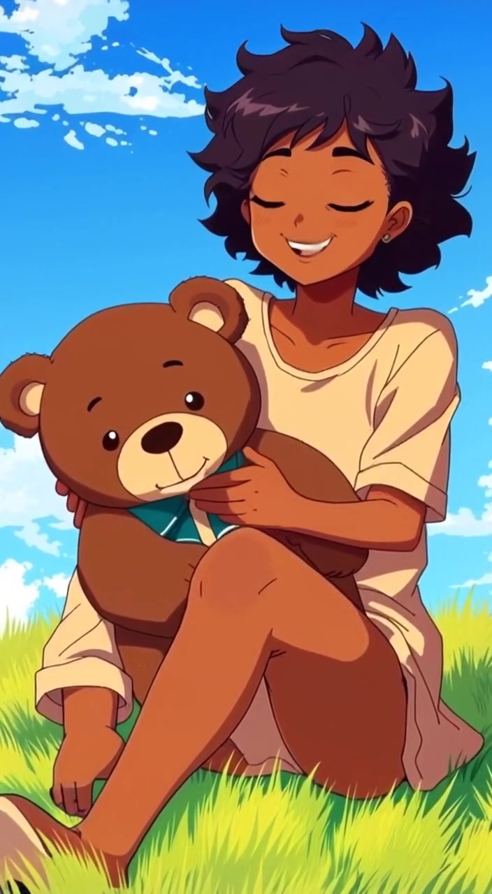 The child gently hugs the teddy bear, smiling as the sun shines down on the grassy patch.