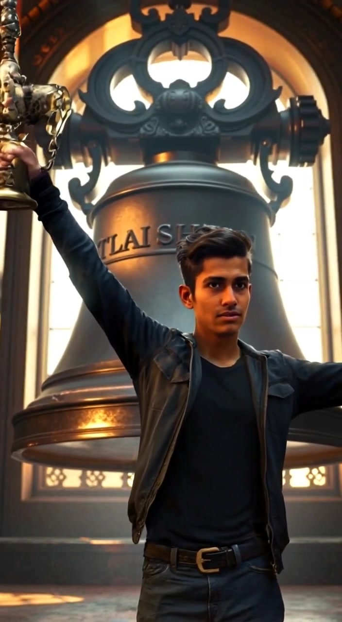 The boy reaches out gently to pull the ornate bell rope, sunlight illuminating the dust in the air.