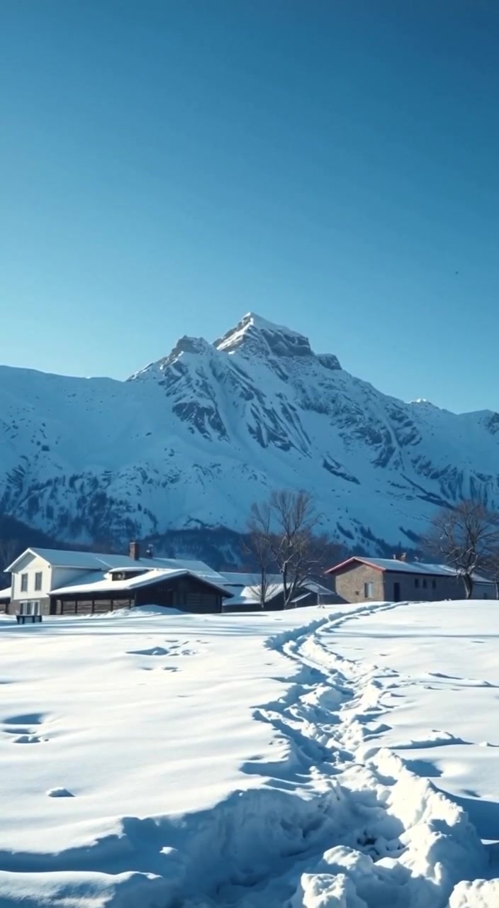 Gentle snowflakes drift down from a clear blue sky onto the pristine, untouched snow in the Ural Mountains.