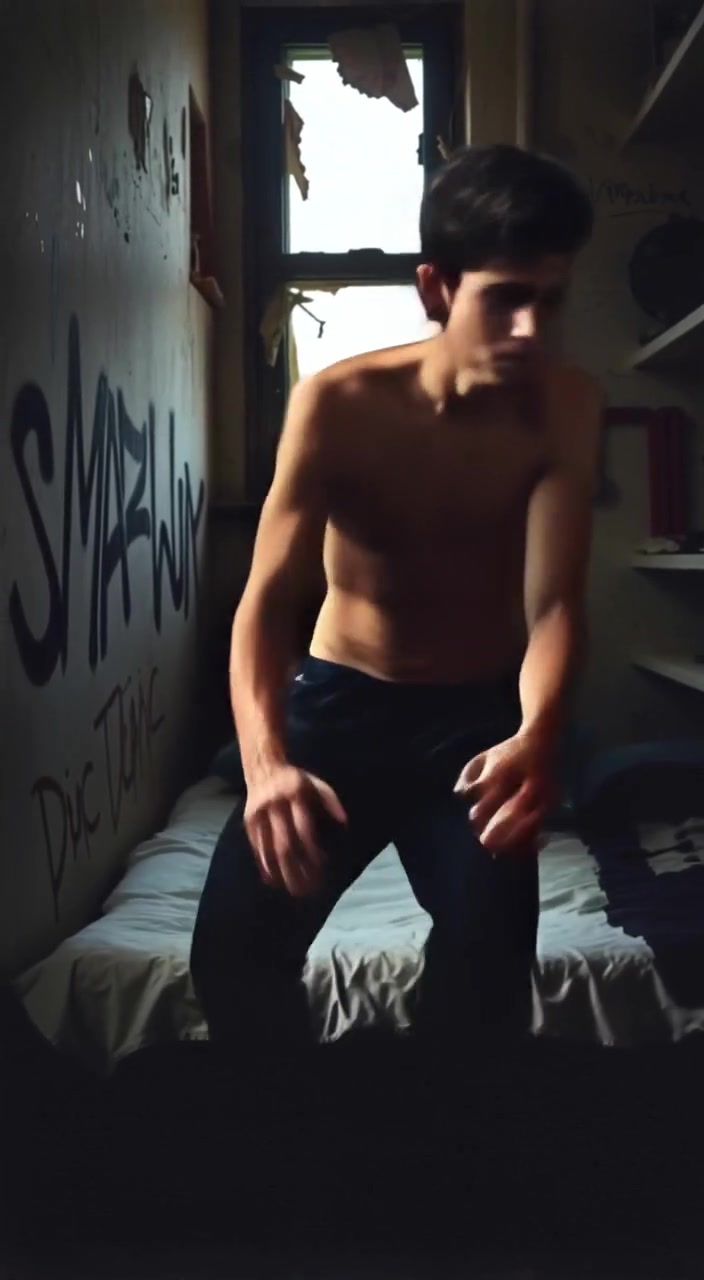 The boy gazes around the dim room as shadows dance softly across the walls.