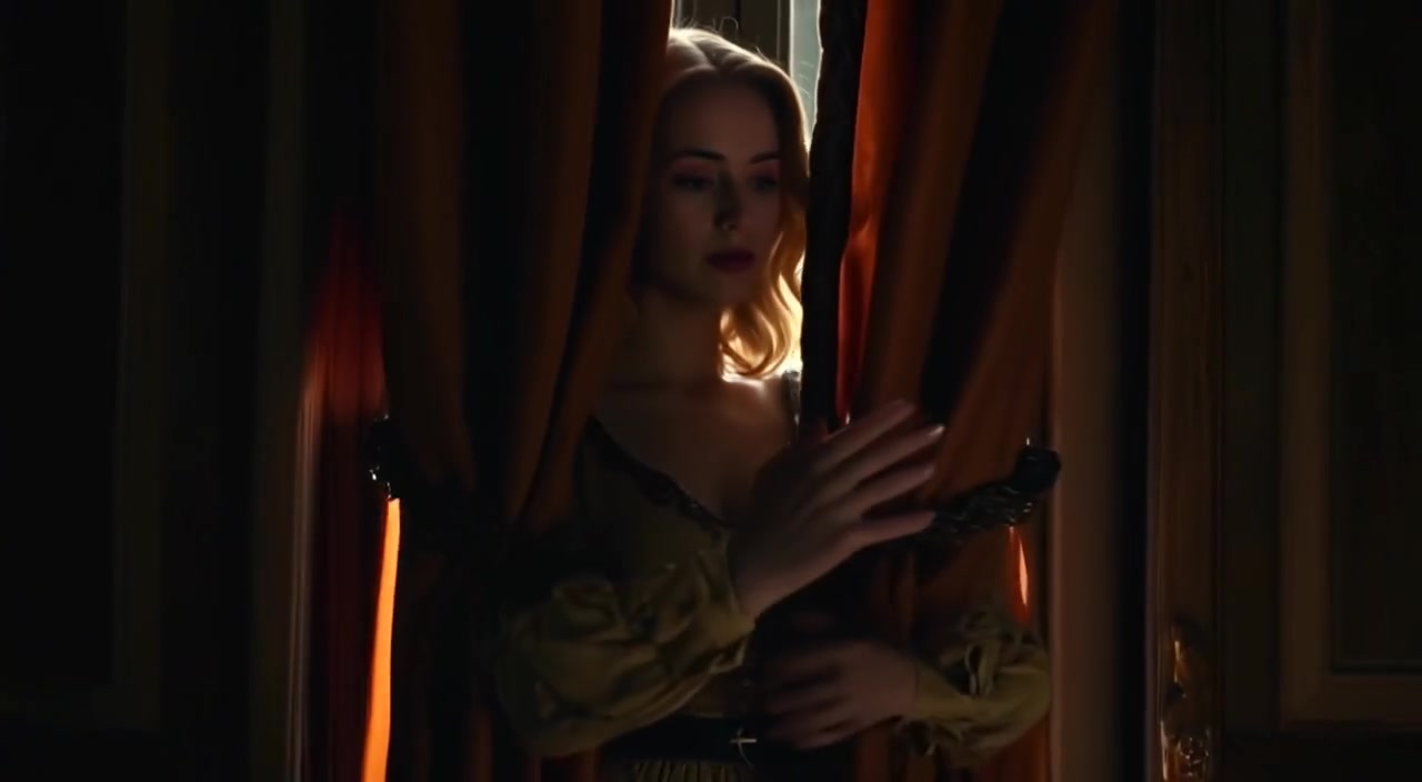 The woman closes the curtains tightly as shadows fill the dimly lit room, creating a cozy, intimate atmosphere.