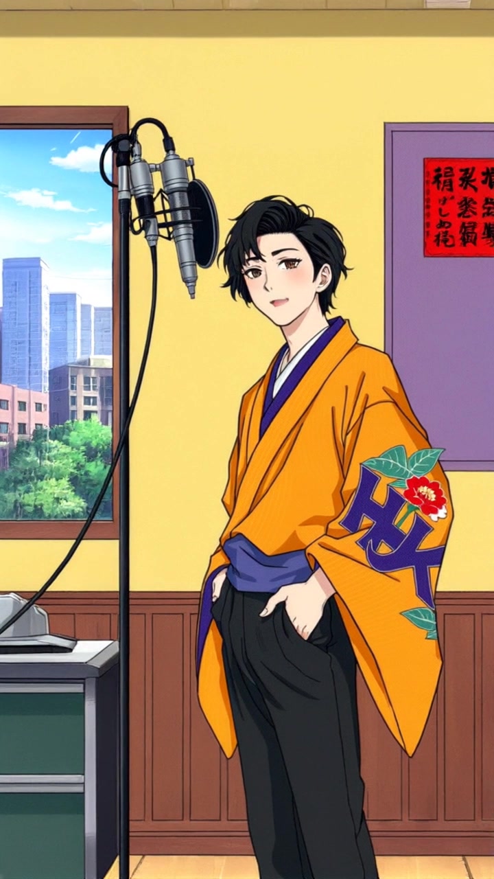 Subject: A voice actor in a recording studio. Subject movement: The actor leans slightly forward, adjusting the microphone with a focused expression. Scene: Inside a modern recording studio with soundproof panels, colorful mixing equipment, and a large window overlooking a bustling cityscape. Style: Warm, ambient lighting that enhances the cozy atmosphere of creativity. Motion: The camera performs a smooth push-in from the entrance of the studio, capturing the vibrant energy of the workspace before settling on the actor as he prepares to speak.