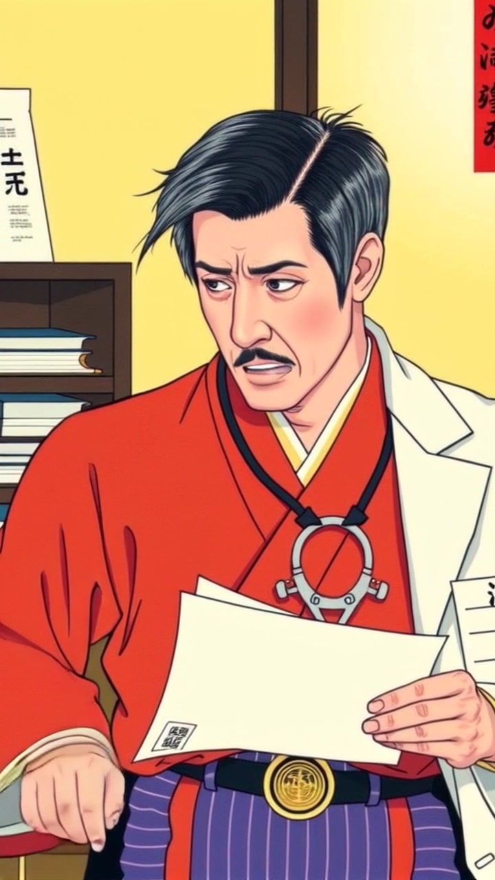 Subject: Kazuki Yao expressing concern while sitting in a doctor's office, intently studying medical papers. Subject movement: He shifts slightly in his seat, frowning and tapping a pen on the table as he reviews the documents. Scene: Inside a well-lit doctor's office featuring medical charts and calming color decor. Style: Soft, ambient lighting creates a serene yet tense atmosphere. Motion: The camera performs a slight push-in, focusing on Kazuki's worried expression and the papers in front of him, emphasizing the gravity of the moment.