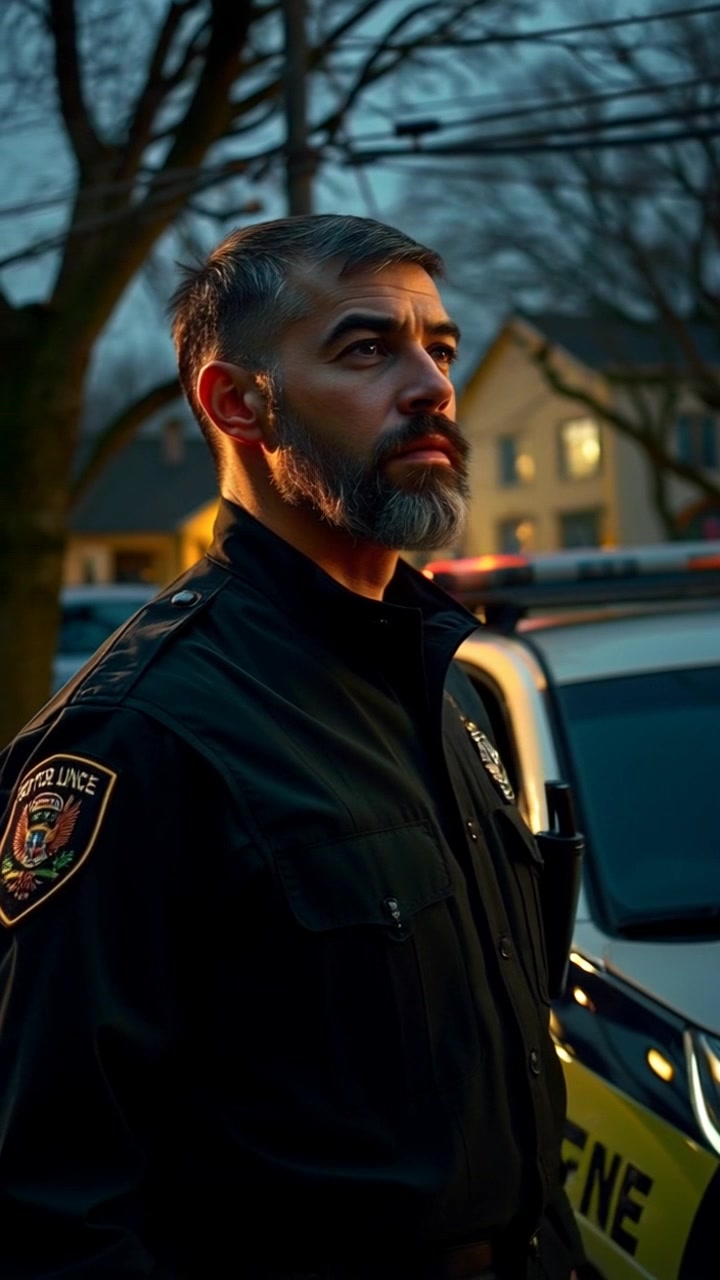 Subject: A police officer standing next to his patrol car. Subject movement: The officer gazes intently into the distance, showcasing a calm yet vigilant demeanor. Scene: A quiet small-town street at night, illuminated by streetlights casting soft shadows. Style: Cool nighttime lighting with a hint of moonlight reflecting off the car's surface. Motion: The camera slowly pans around the officer and patrol car, capturing the stillness of the scene while emphasizing the distant unknown that holds his attention.