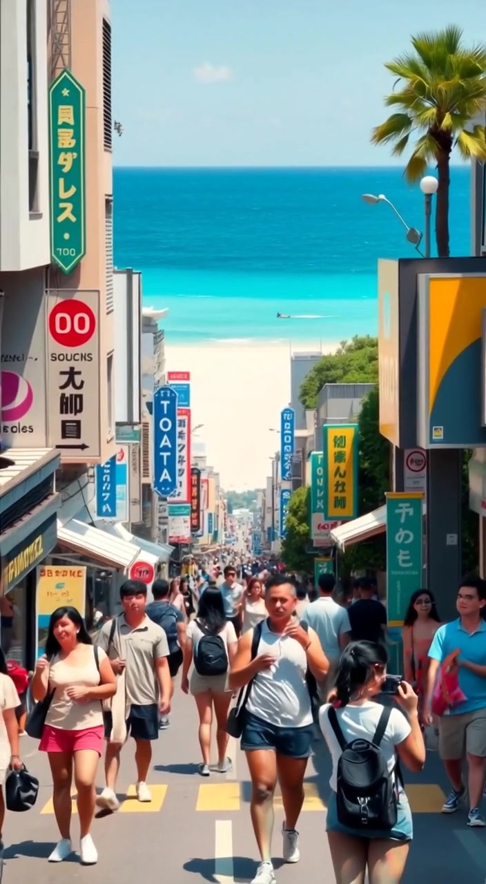 A crowded city street in Tokyo, with tourists taking selfies and exploring shops.