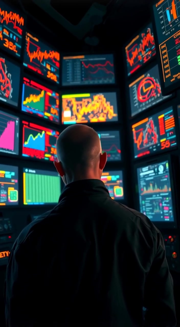 The figure gently leans closer to the glowing screens, studying the shifting data streams with focused intensity.