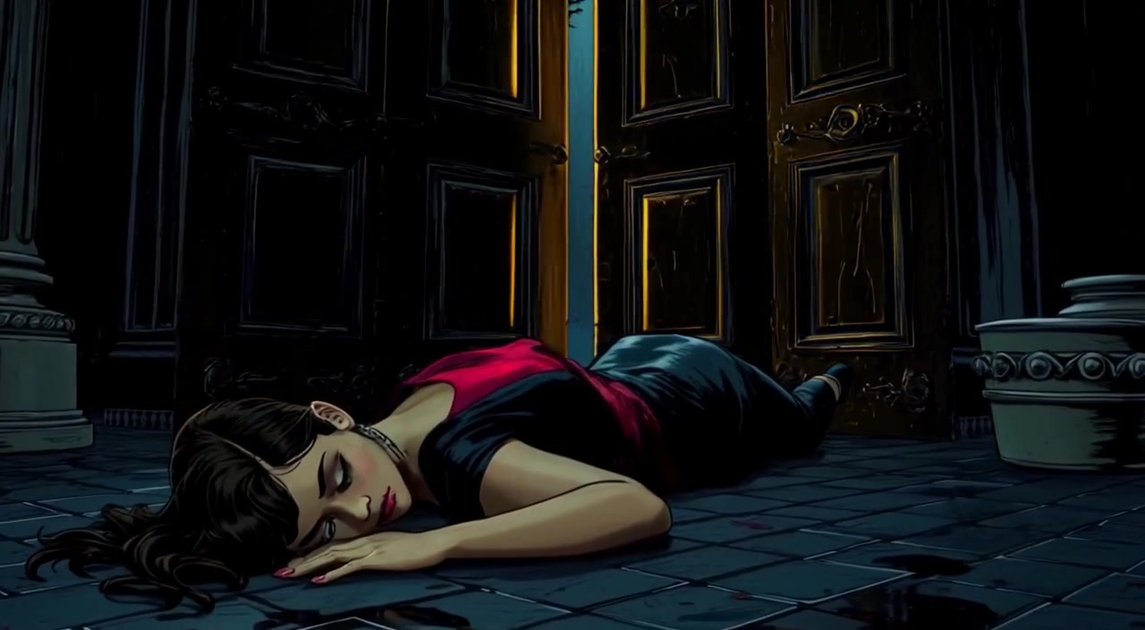 A gentle breeze waves the curtains as the door slowly creaks open, revealing the shadows of the dark mansion.