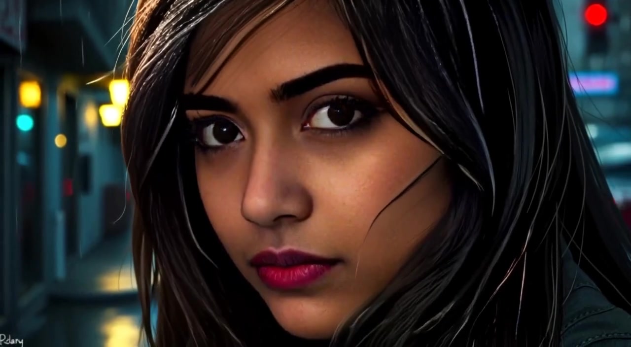 The woman's eyes blink slowly, revealing a flicker of emotion as reflections dance within her gaze.