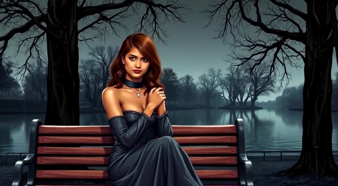 The woman gazes thoughtfully at the calm lake, leaves gently rustling in the trees behind her.