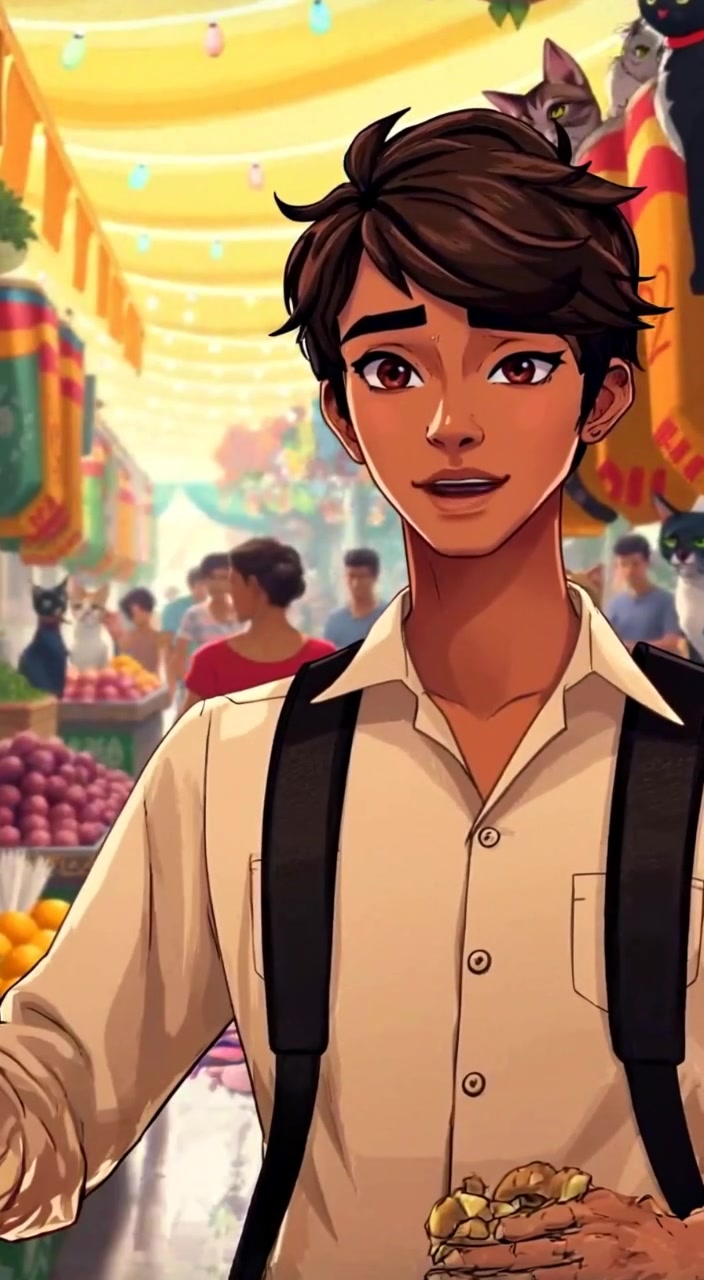 The man gently examines a ripe fruit while lively market chatter fills the air around him.