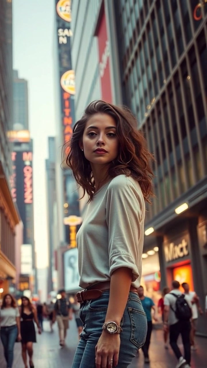 Subject (Busy city street with tall buildings, people walking, Ava standing in foreground looking contemplative) + Ava stands still, people in the background walking briskly + Scene (Busy city street with tall buildings and bustling crowds) + Camera Language (Slow zoom out from Ava to wide city street view) + Lighting (Natural daylight streaming between skyscrapers) + Atmosphere (Contemplative and bustling)