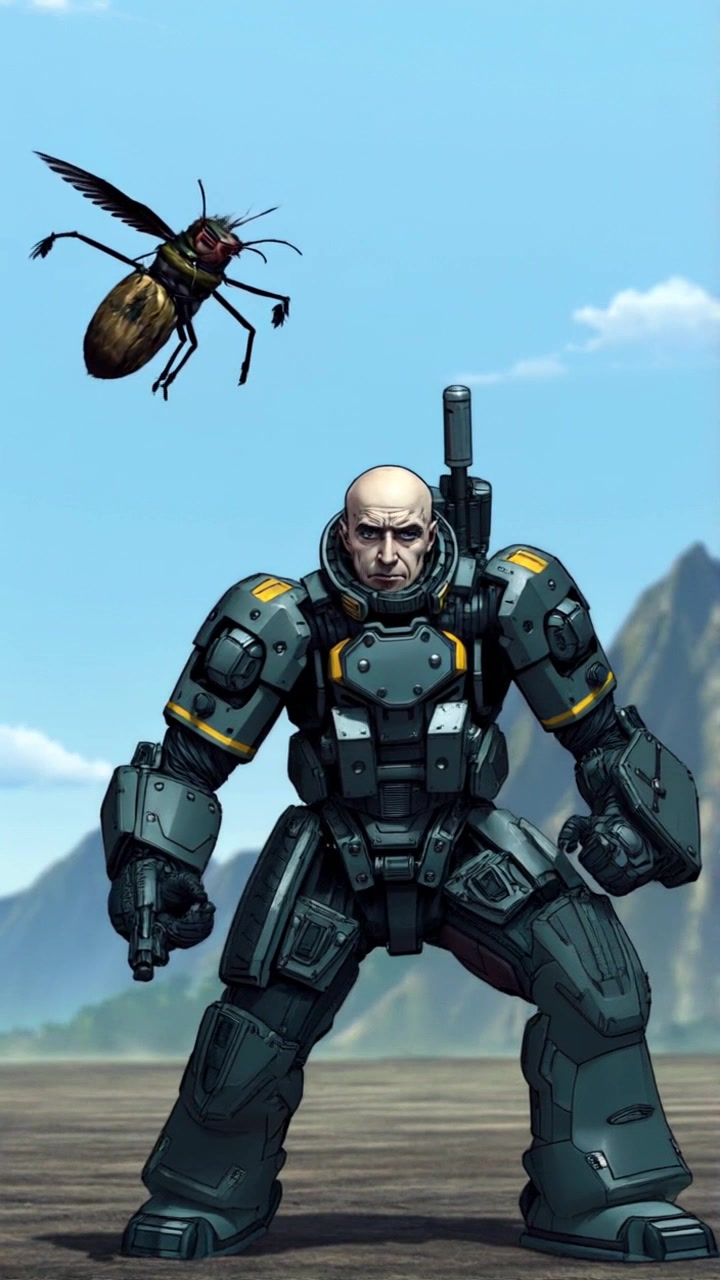 Subject: A comical stick figure in a full mech suit, poised for an epic showdown. Subject movement: The stick figure crouches slightly, preparing to leap into action against a giant mosquito hovering ominously in front of it. Scene: An open battlefield with a clear blue sky and distant mountains, creating a sense of scale against the giant insect. Style: Bright, playful lighting accentuating the whimsical nature of the scene. Motion: The camera pushes in dramatically, capturing the stick figure's determined expression and the mosquito's buzzing wings, while the background blurs slightly to emphasize the imminent clash.