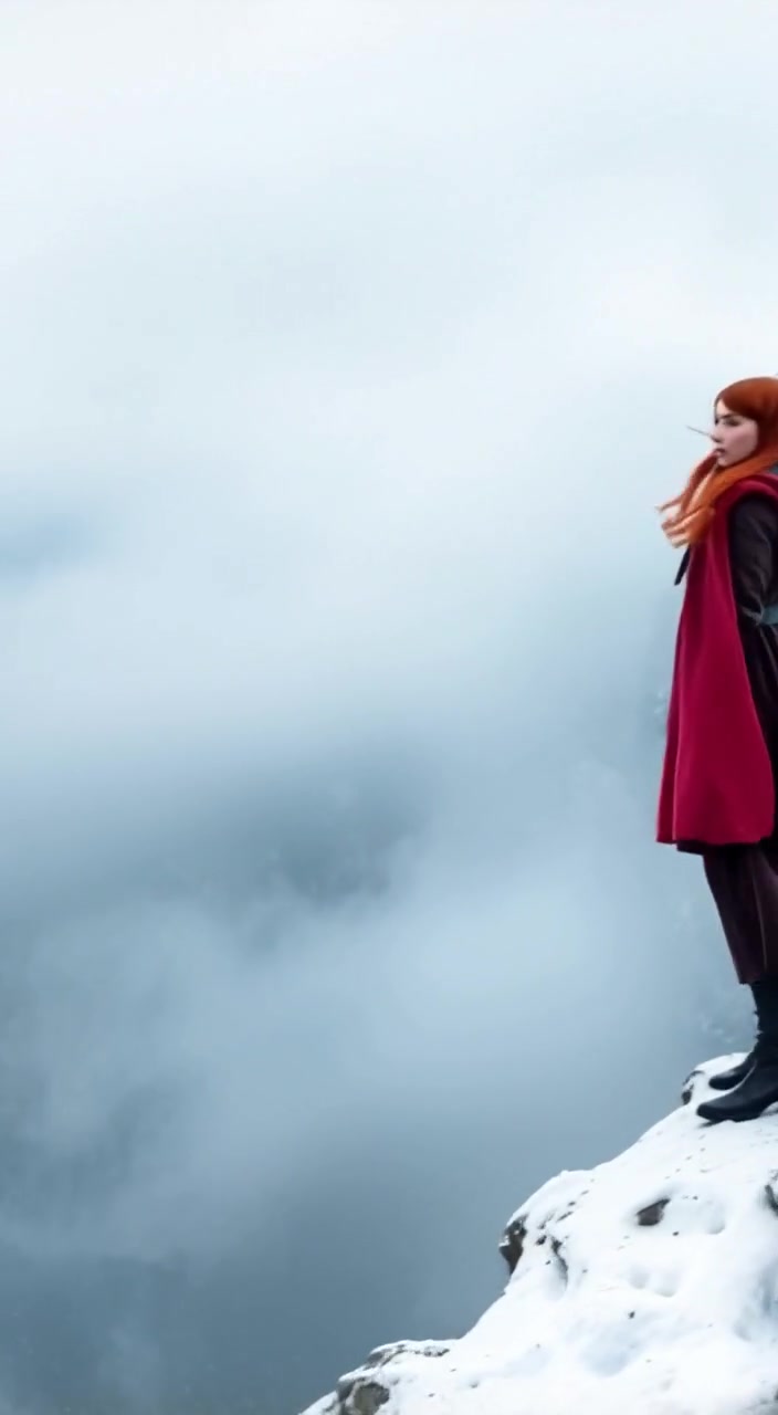 The woman gazes into the misty abyss as her hair flows gently in the cold wind on a snowy cliff.