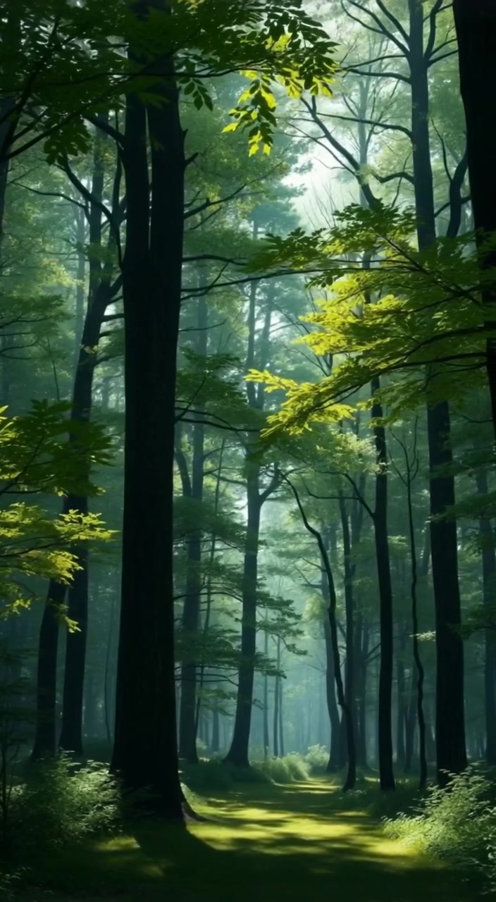 A lush green forest with tall trees and sunlight filtering through the leaves.