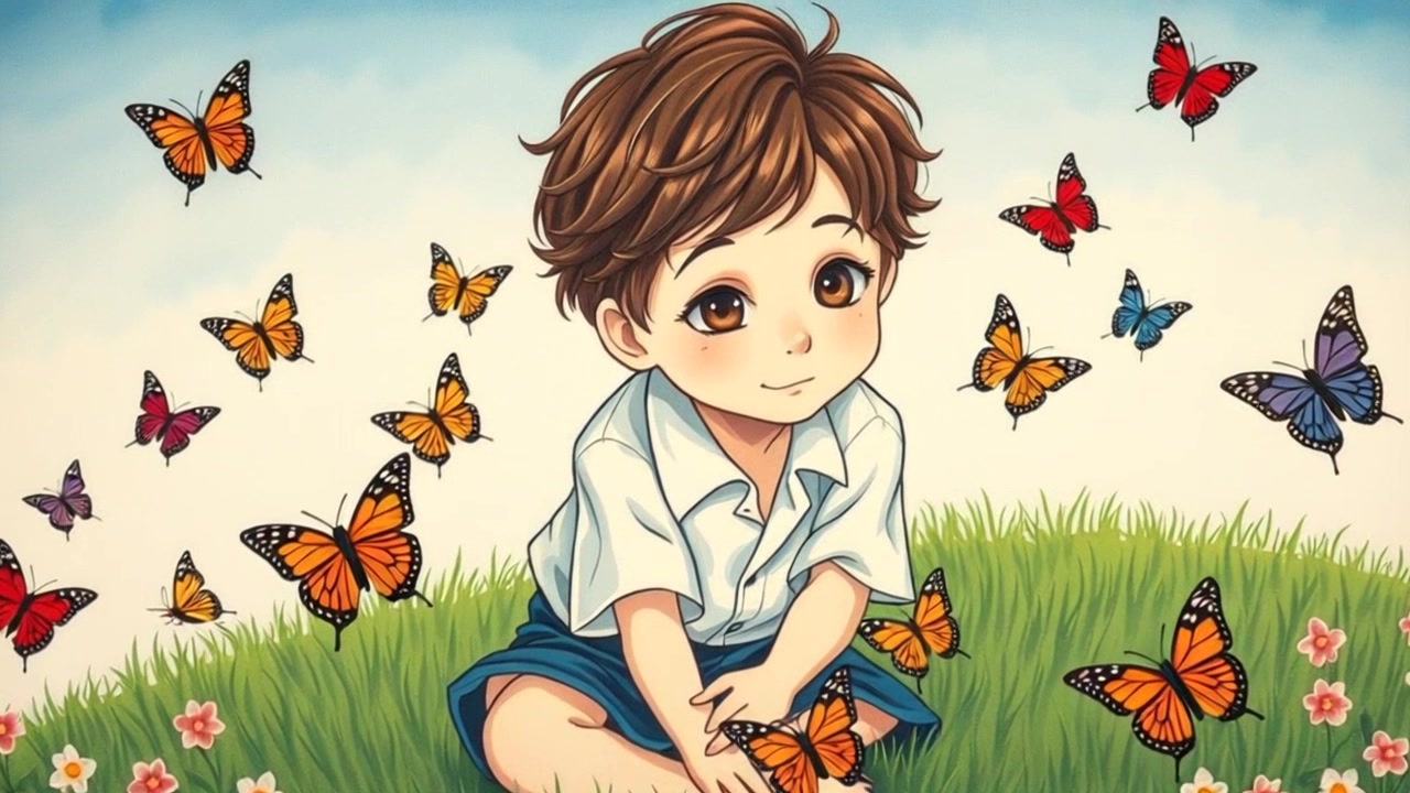 Subject: A 7-year-old boy named David with tousled brown hair and a bright smile, engrossed in a field of colorful butterflies fluttering around him. Subject movement: Stillness. Scene: Lush grassy hill dotted with wildflowers under a clear blue sky. Camera Language: Slowly zoom in on David's delighted expression, capturing the whimsical dance of the butterflies around him. Lighting: Soft, golden hour glow enveloping the scene, casting warm hues on the grass and butterflies. Atmosphere: Joyful and serene, with a touch of magic in the air.