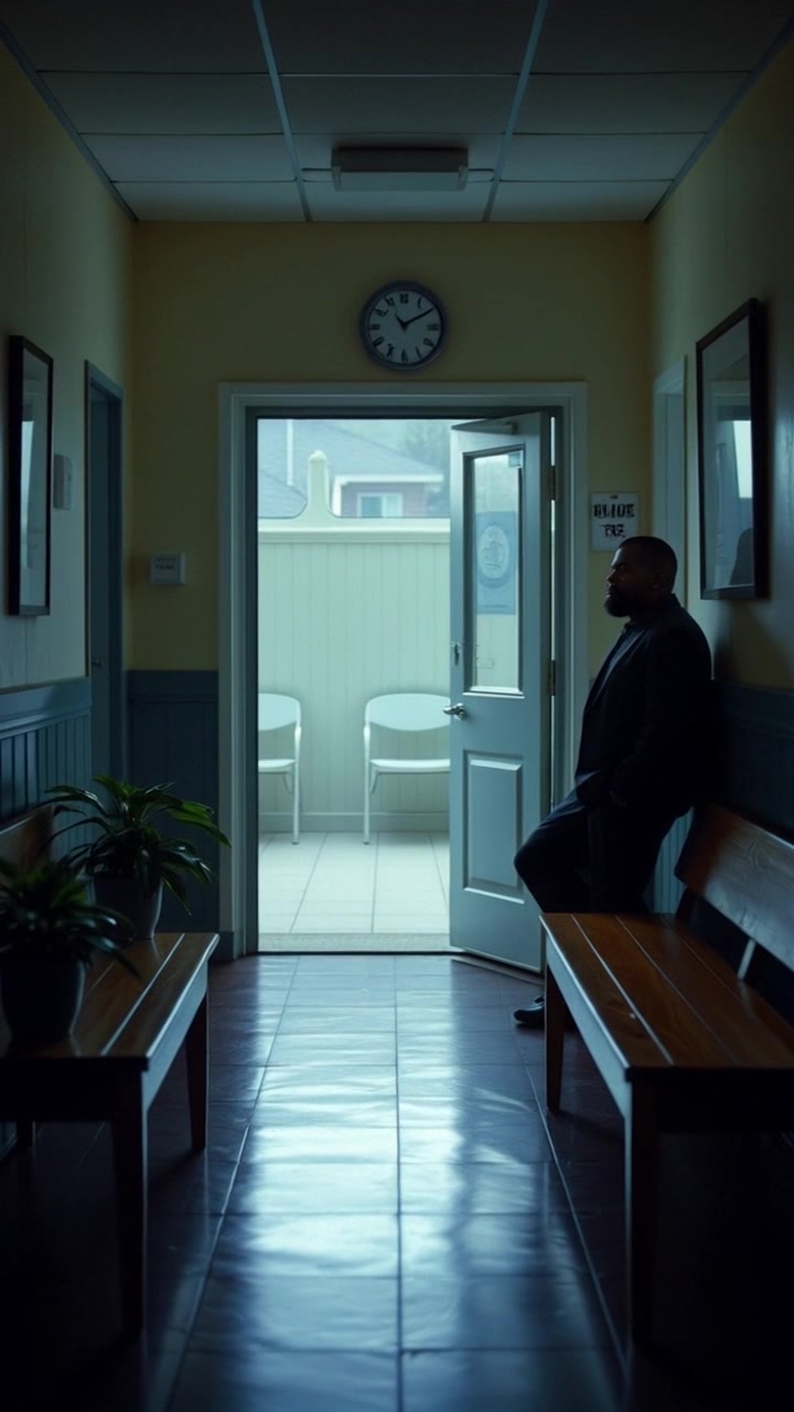 Scene: A clinic waiting room featuring a wooden bench and vibrant potted plants. Lighting: Soft, natural light filtering through the windows, creating a calm atmosphere. Motion: The camera pushes in smoothly as Pria enters through the door, capturing her moment of arrival against the backdrop of the inviting waiting area.