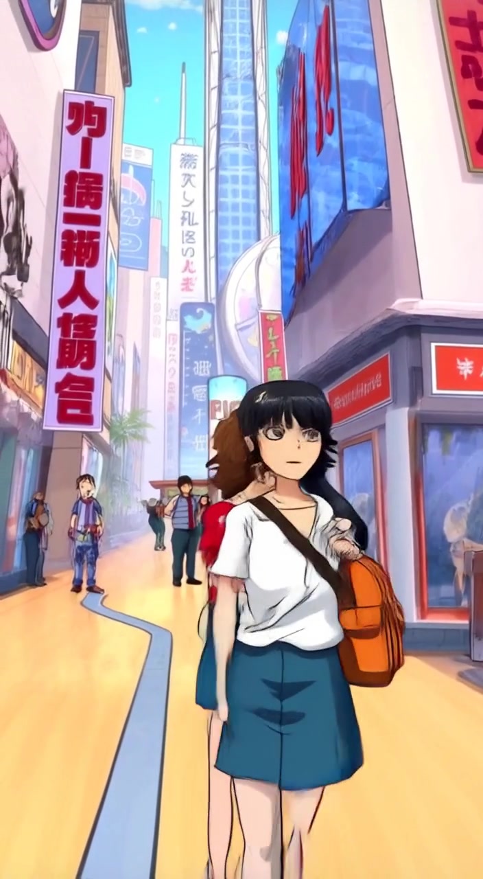The woman gazes around, taking in the lively city square filled with towering buildings and bustling crowds.